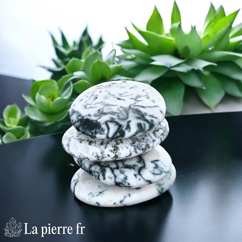 Vue du galet plat d'Agate Mousse, pierre naturelle d'harmonie émotionnelle