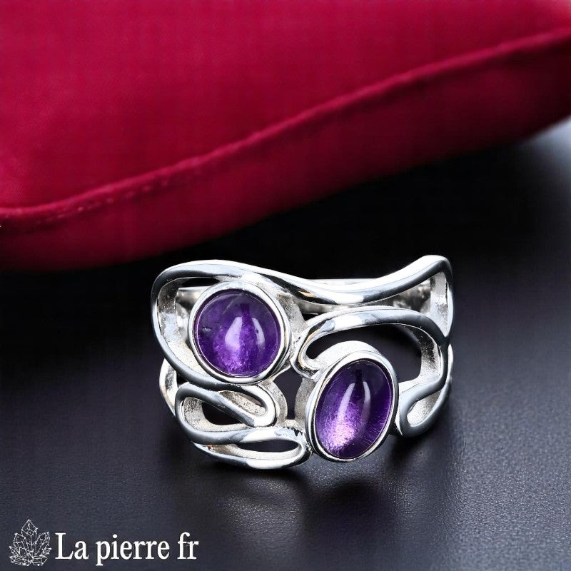 Bague Double Améthyste véritable en Argent Rhodié pour femme, modèle (Esme)