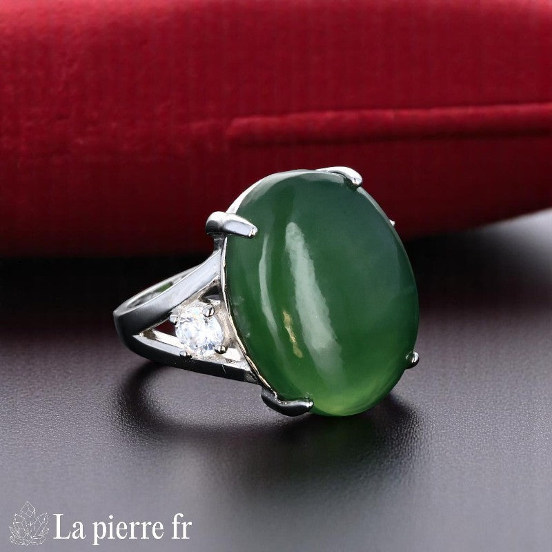 Bague Jade Vert Ovale Vintage en Argent Rhodié (Eleonore)