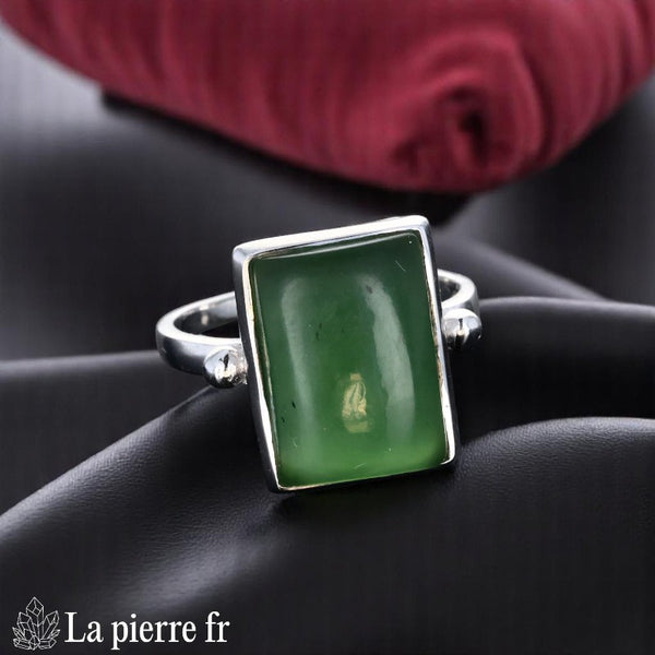 Bague Jade Vert Rectangle en Argent Rhodié pour femme (Linea)