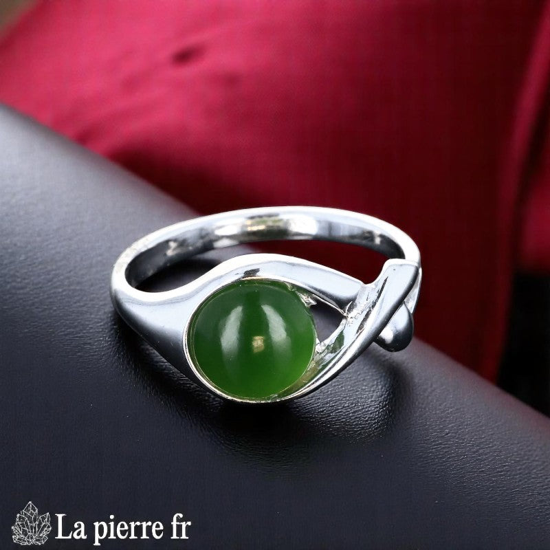 Bague Jade Vert en Argent Rhodié Ronde (Orion)