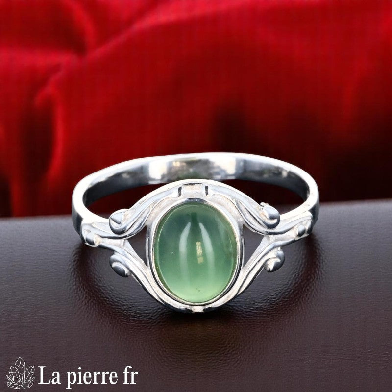 Bague Jade Vert en Argent Rhodié Style Vintage (Flora)