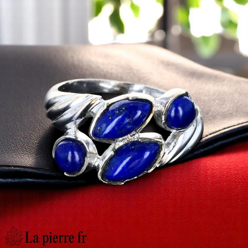 Bague Lapis Lazuli véritable en argent rhodié pour femme (Lactée)