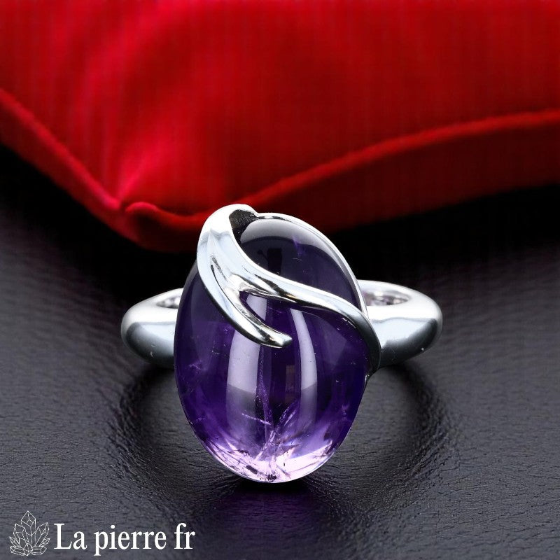 Bague Améthyste véritable Ovale en Argent Rhodié pour femme, modèle (Gaia)