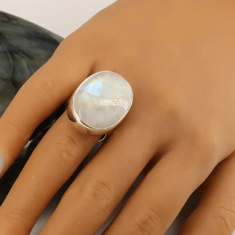 Bague pierre de lune arc-en-ciel, grand cabochon 30x20 mm sur argent