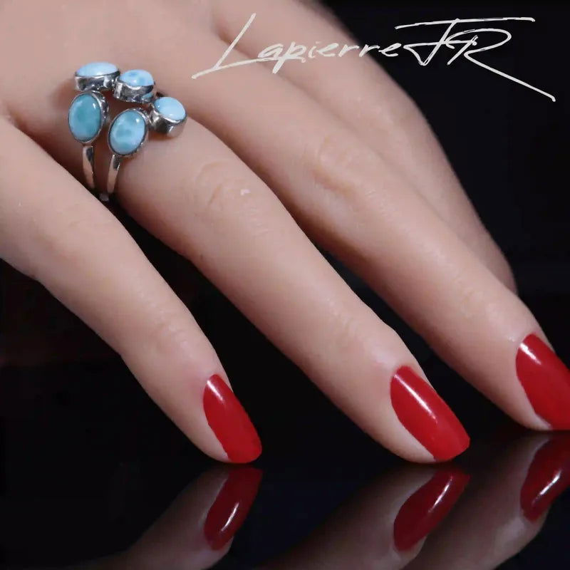 Bague Larimar 5 pierres réglable en argent, pierres naturelles bleu turquoise apaisantes