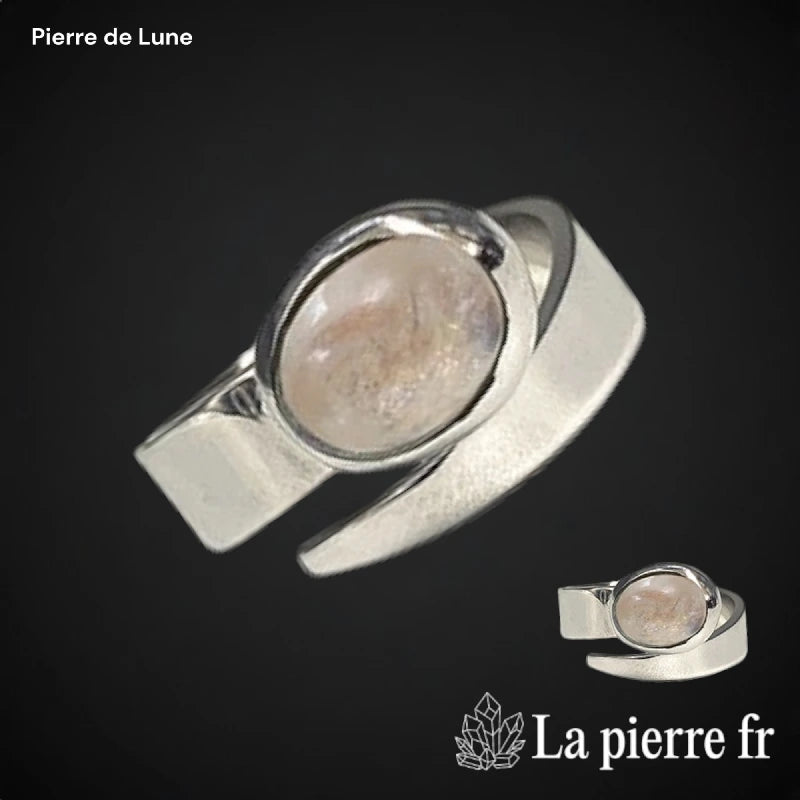 Bague Ajustable Pierre de Lune en Argent Rhodié, Ovale de 8 x 10 mm (Solariel)