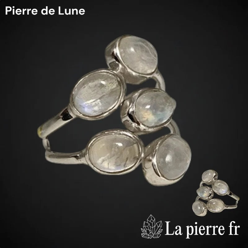Bague en Pierre de Lune Réglable, Cinq Pierres sur Argent Rhodié (Clairvoya)