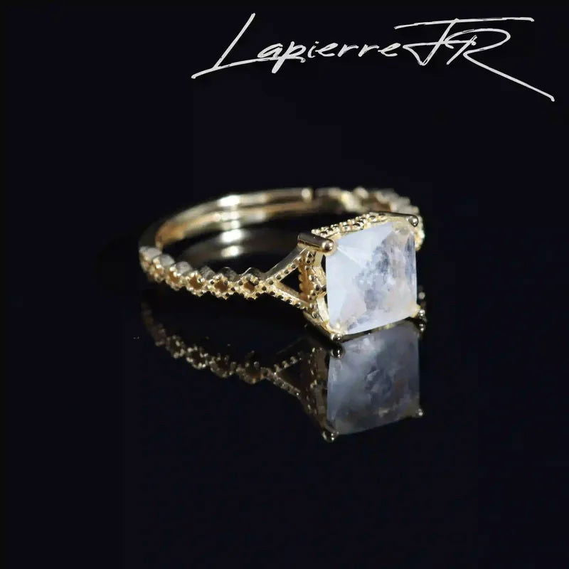 Bague Pierre de Lune Or, Argent 925 Plaqué Or 18 Carats, Pierre Carrée Facettée