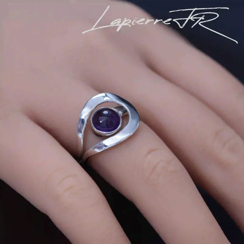 Bague Améthyste ronde 8 mm sur argent 925 pour femme, pierre naturelle violette de sérénité