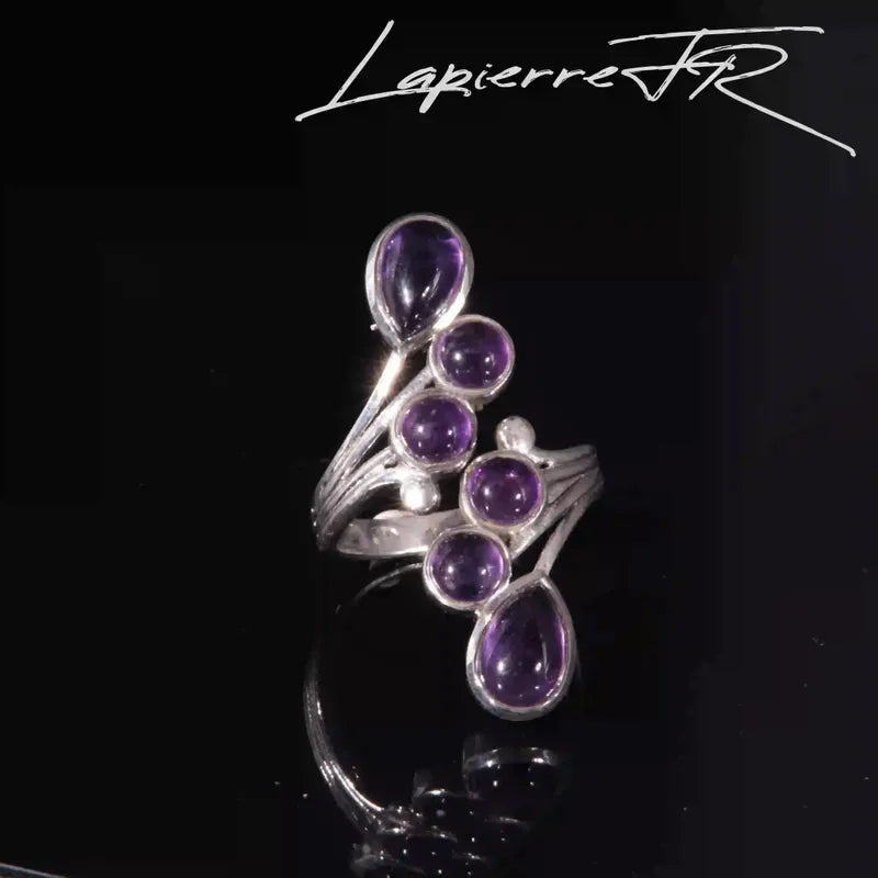 Bague 6 Améthystes en Argent 925 Martelé, Réglable (Celestia)