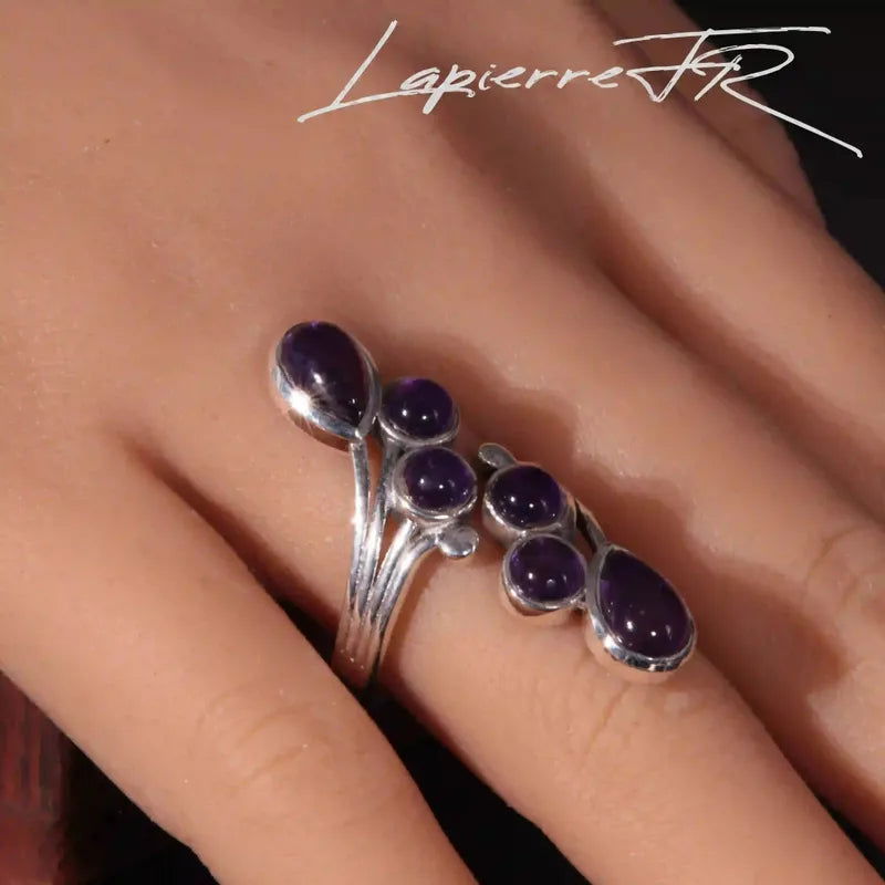 Bague à 6 Améthystes sur argent 925, pierres naturelles violettes, bijou de lithothérapie