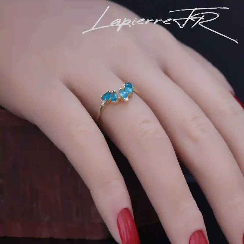 Bague Apatite Bleue diadème 5 pierres plaqué Or 18 carats, pierres naturelles bleues de communication