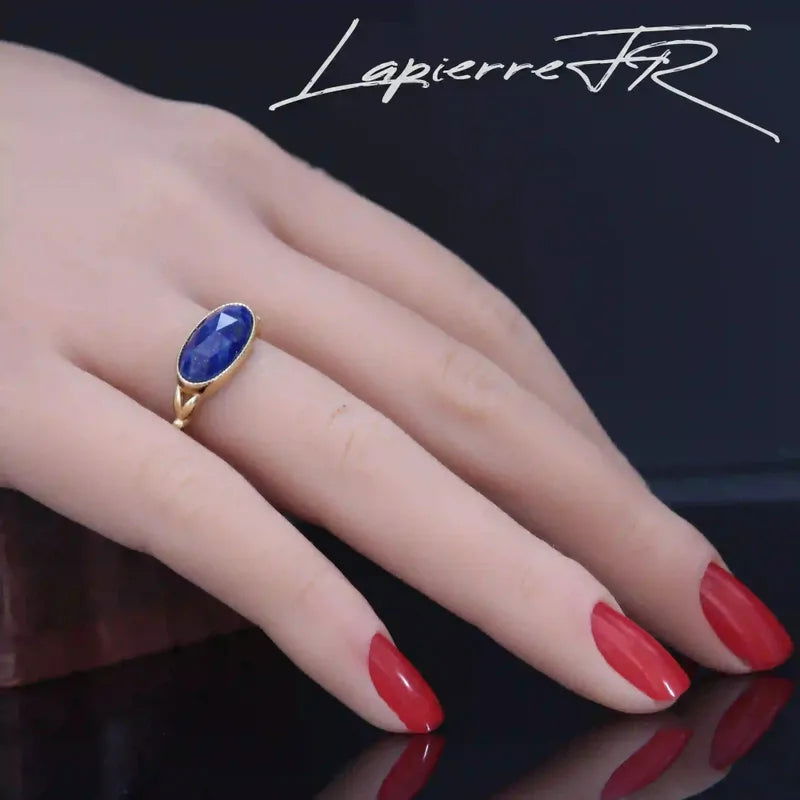 Bague Lapis Lazuli plaqué Or 18 carats, pierre naturelle bleue veinée d'or de sagesse