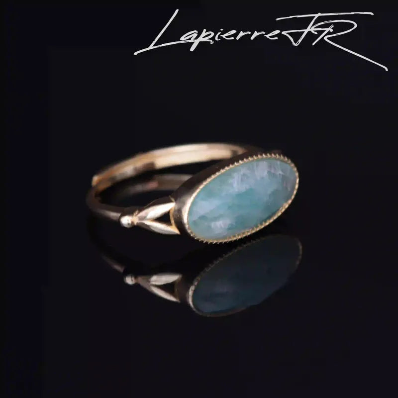 Bague Pierre Verte en Amazonite Ovale Facettée 15 x 8 mm, Argent Plaqué Or (Ondine)