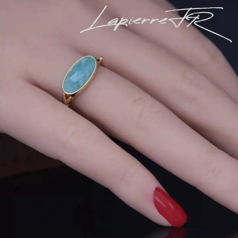 Bague Amazonite solitaire ovale plaqué Or 18 carats, pierre naturelle turquoise apaisante