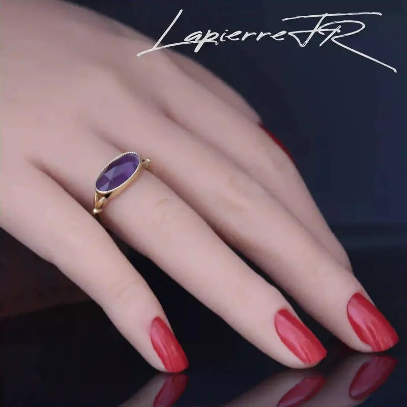 Bague Améthyste ovale plaqué Or 18 carats, pierre naturelle violette de sérénité