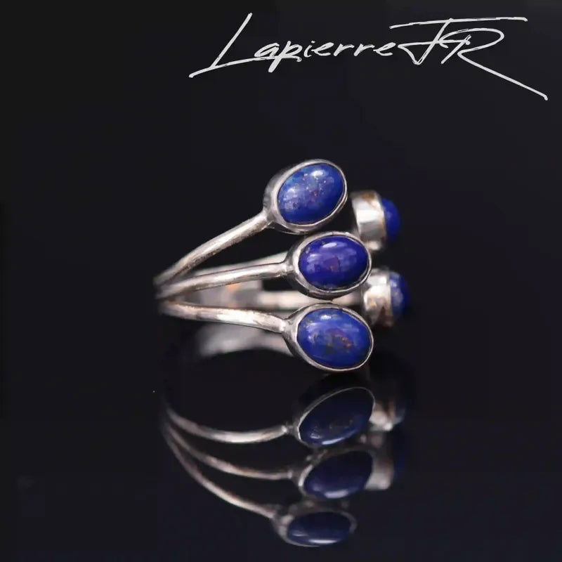Bague Réglable Femme, Cinq Lapis Lazuli Ovales, Argent 925 (Olivia)