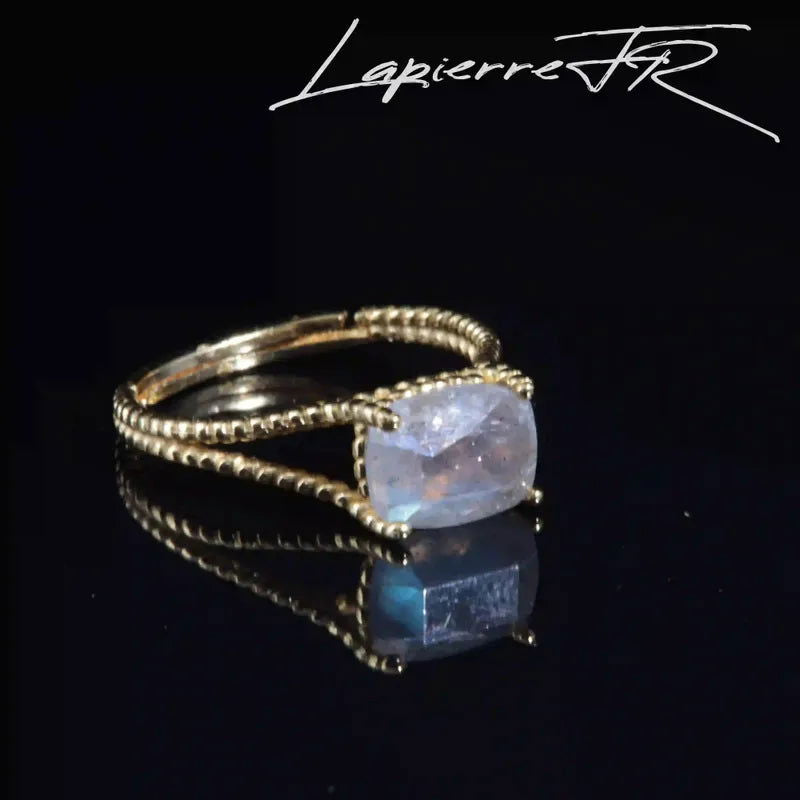 Bague Plaqué Or 18 Carats Labradorite Ovale Facettée, Réglable (Éclat Doré)
