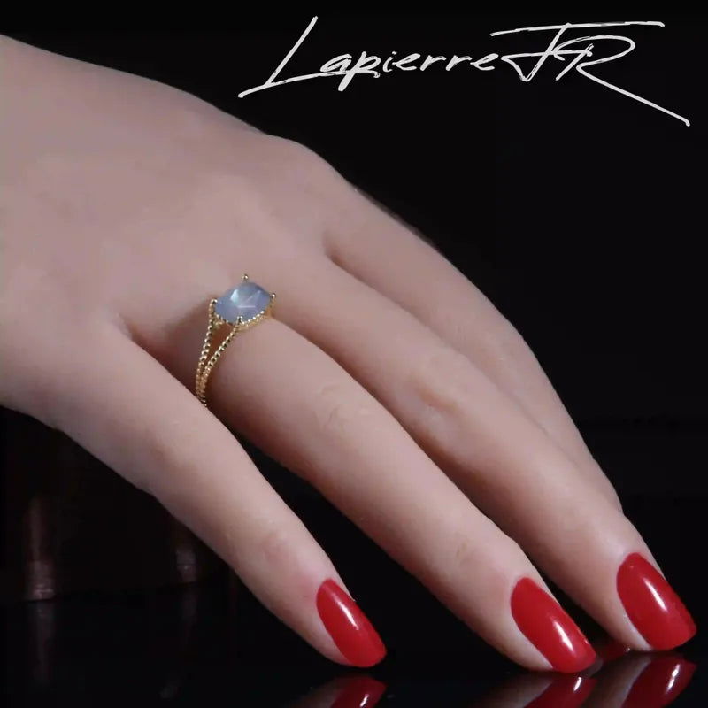 Bague Labradorite ajustable plaqué Or 18 carats, pierre naturelle aux reflets bleu-vert