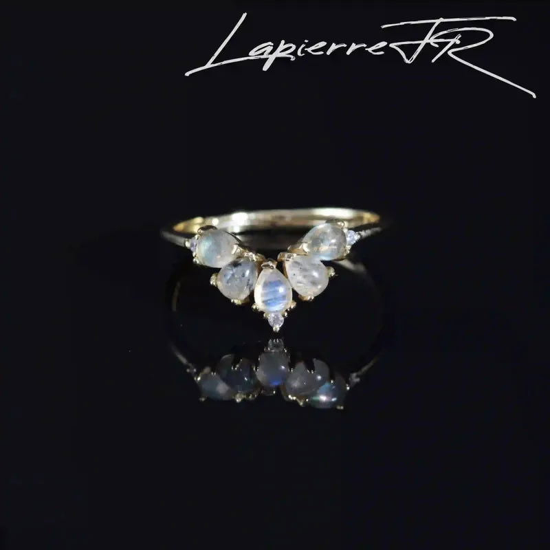Bague Labradorite diadème plaqué Or 18 carats, pierre naturelle aux reflets bleu-vert