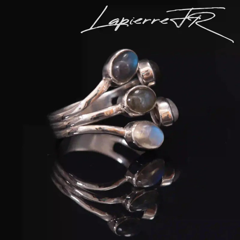 Bague Ajustable Argent 925, Cinq Labradorites en Cascade (Rivière Lunaire)
