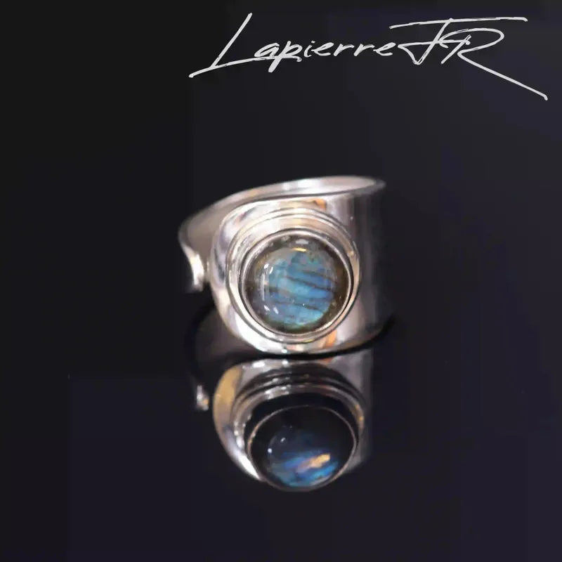 Bague Labradorite Ronde 8 mm, Argent 925 Rhodié Réglable (Reflet Spectral)
