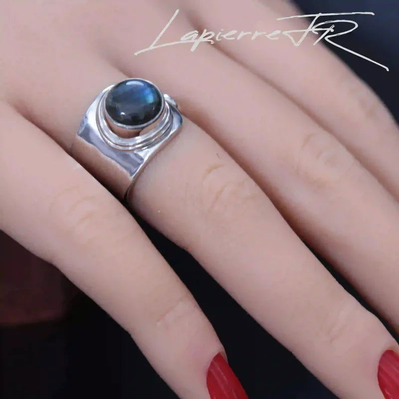 Bague ronde en Labradorite sur argent 925 rhodié, reflets bleu-vert, bijou de lithothérapie