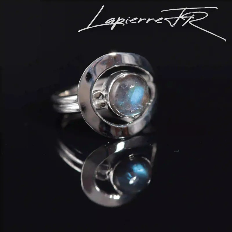 Bague Pierre Naturelle Labradorite 8 mm, Argent 925 Réglable (Aurore Polaire)