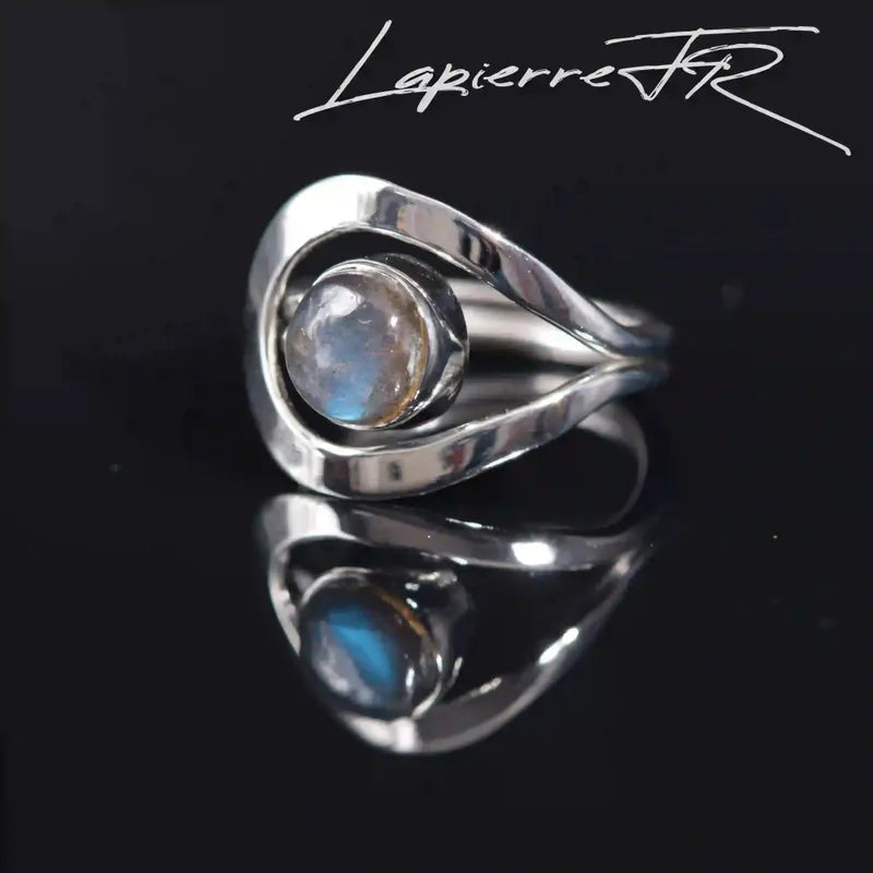 Reflets irisés bleus et verts de la pierre naturelle Bague Labradorite (Argent Rhodié)
