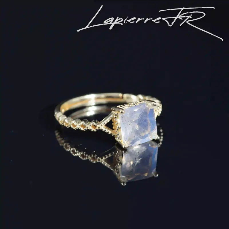 Bague Carrée Labradorite Facettée, Plaqué Or 18 Carats Réglable (Trésor Carré)