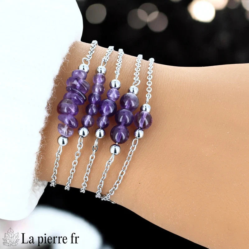 Bracelet Améthyste Chaîne Argentée Acier Inoxydable