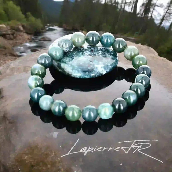 Bracelet pierre naturelle en Agate Mousse véritable, bijou de lithothérapie vert pour l’équilibre, la sérénité et la connexion à la nature. Bracelet sur mesure pour femme et homme – La Pierre FR.