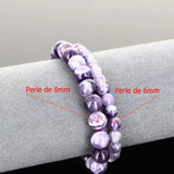 Bracelet sur mesure en perles rondes d'Améthyste Chevron naturelle 8mm motifs violets et blancs