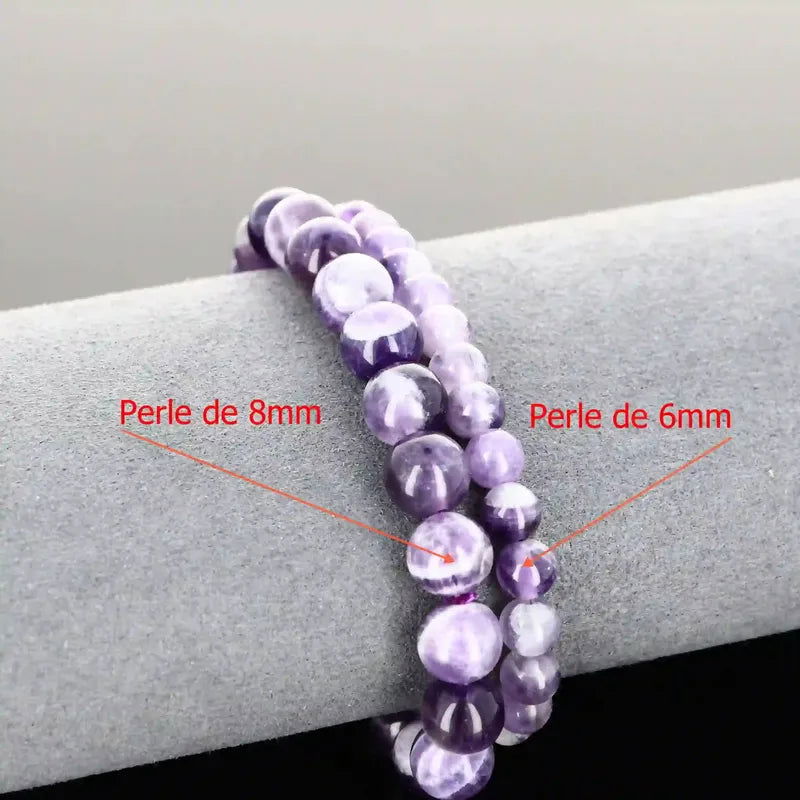 Bracelet sur mesure en perles rondes d'Améthyste Chevron naturelle 8mm motifs violets et blancs