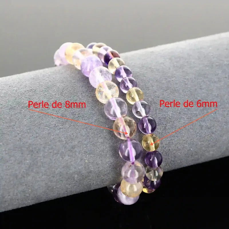 Bracelet sur mesure en perles rondes d'Amétrine naturelle 8mm bicolore violet et jaune