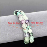 Bracelet de lithothérapie en Fluorite véritable porté, bijou pierre naturelle aux couleurs variées pour concentration et chakra troisième œil.
