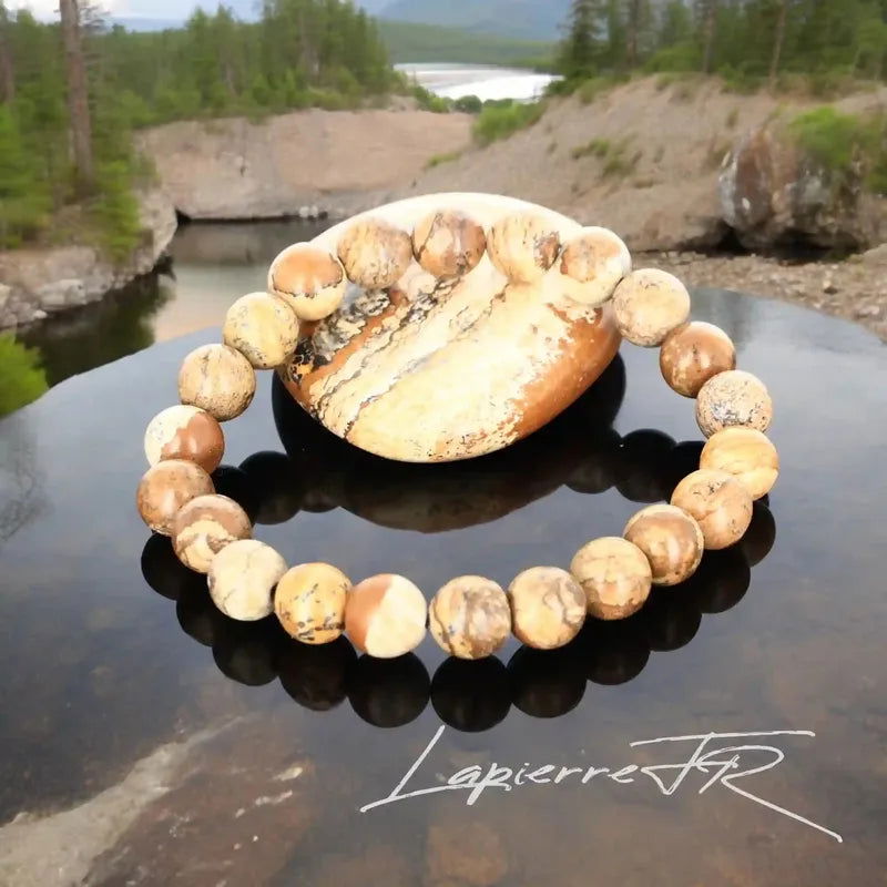 Bracelet pierre naturelle en Jaspe Paysage véritable, bijou de lithothérapie beige et marron pour l’ancrage, la sérénité et l’équilibre intérieur. Bracelet sur mesure pour femme et homme – La Pierre FR.