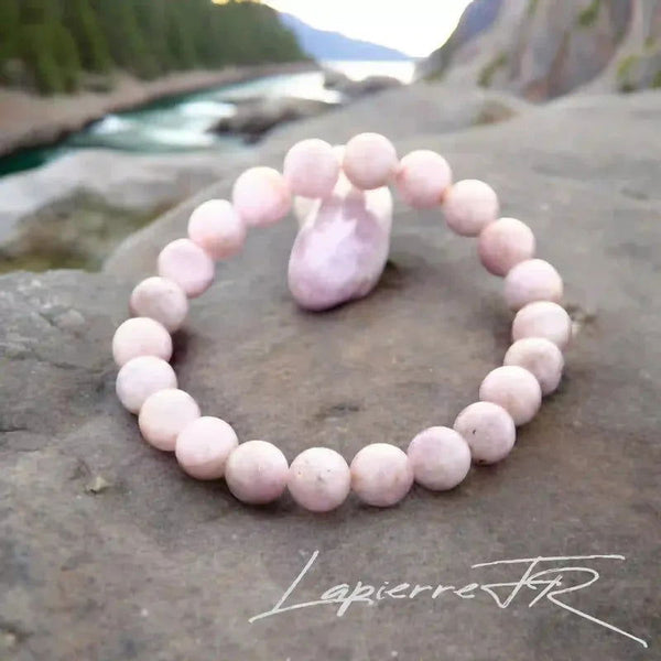 Bracelet pierre naturelle véritable Kunzite rose pâle/lavande, perles rondes pour lithothérapie, amour inconditionnel et chakra cœur.