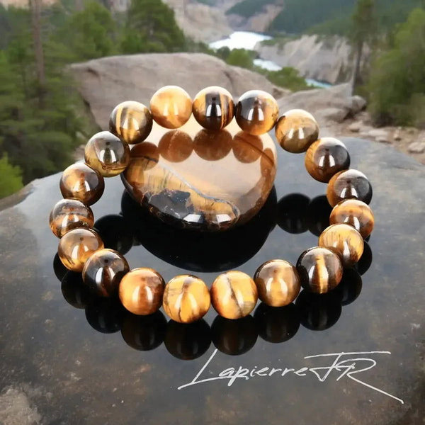 Bracelet pierre naturelle véritable Œil de Tigre chatoyant, perles rondes marron doré pour lithothérapie, confiance et protection.