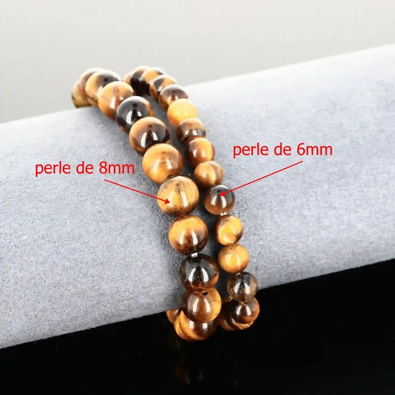 Détail perles chatoyantes du bracelet pierre naturelle Œil de Tigre véritable. Qualité lithothérapie pour clarté mentale et courage.