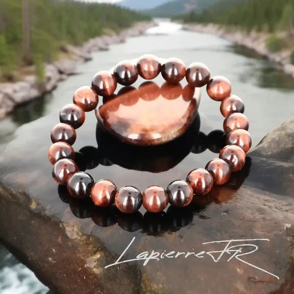 Bracelet pierre naturelle en Œil de Taureau véritable, bijou de lithothérapie rouge brun pour la force, le courage et la protection. Bracelet sur mesure pour femme et homme – La Pierre FR.