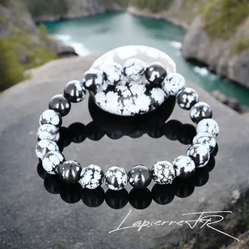 Bracelet pierre naturelle en Obsidienne Neige véritable, bijou de lithothérapie noir et blanc pour la protection, l’équilibre émotionnel et la purification. Bracelet sur mesure pour femme et homme – La Pierre FR.