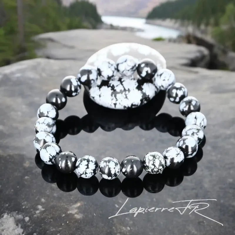 Bracelet lithothérapie en Obsidienne Neige pour apaisement, équilibre et introspection