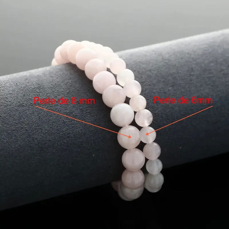 Détail perles rose clair du bracelet pierre naturelle Quartz Rose véritable. Qualité lithothérapie pour le chakra du cœur.