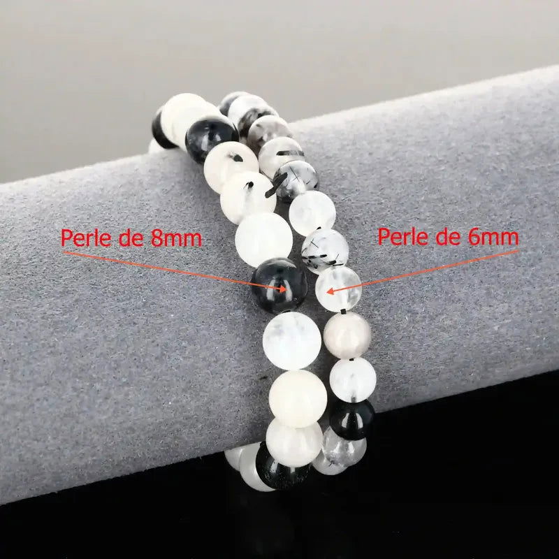 Bracelet lithothérapie sur mesure (12-18cm) en Quartz Tourmaline (perles 6/8mm). Alliance naturelle pour protection, ancrage & clarté.