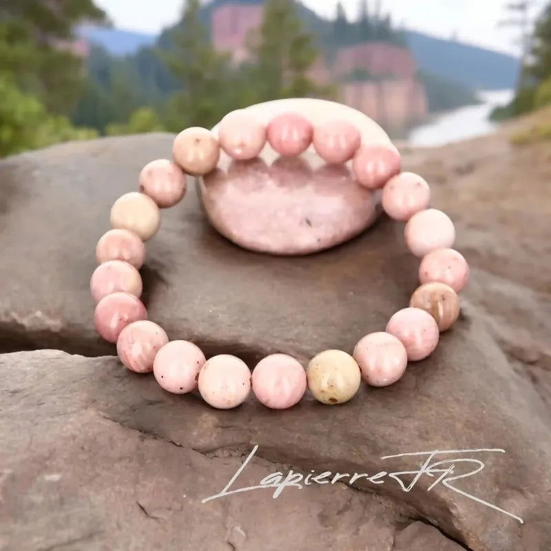 Bracelet pierre naturelle véritable Rhodonite rose, perles rondes pour lithothérapie, guérison émotionnelle et chakra cœur.