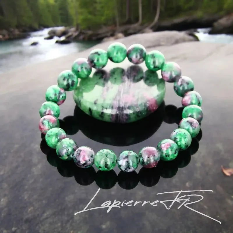 Bracelet pierre naturelle véritable Rubis Zoïsite (vert et rose), perles rondes pour lithothérapie, joie et éveil spirituel.