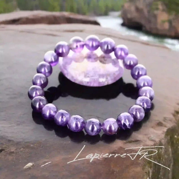 Bracelet pierre naturelle véritable Améthyste violette profonde, perles rondes pour lithothérapie, sérénité, intuition et chakra couronne.
