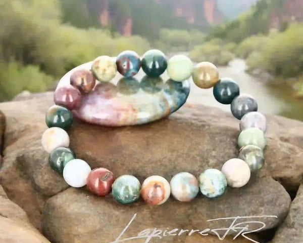 Bracelet pierre naturelle en Agate Indienne véritable, bijou de lithothérapie vert, brun et rouge pour la confiance, l’équilibre et la paix intérieure. Bracelet sur mesure pour femme et homme – La Pierre FR.